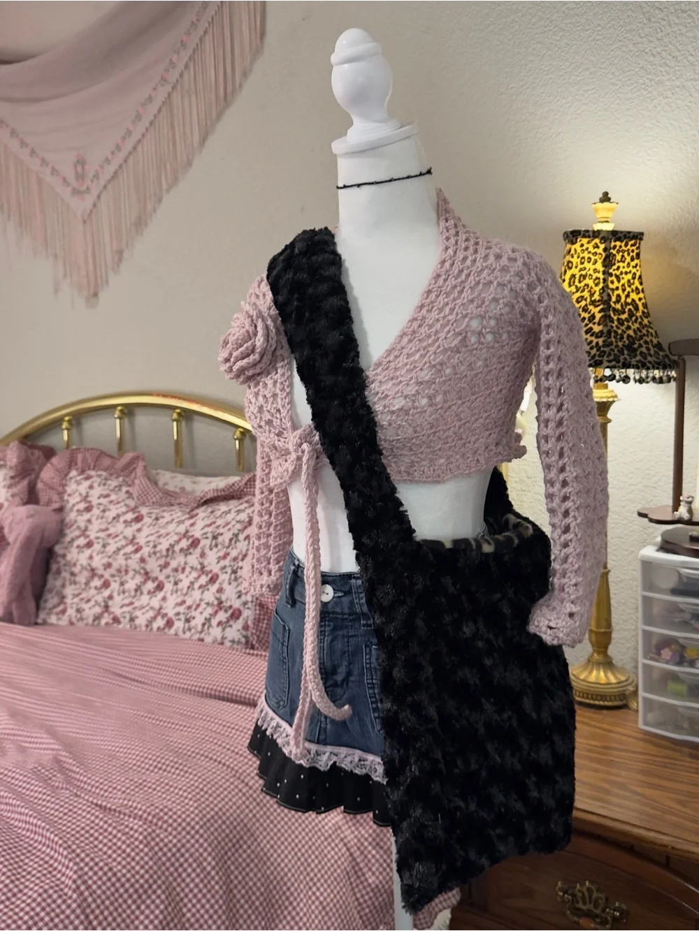 Y2K Style Black Fuzzy Messenger Bag